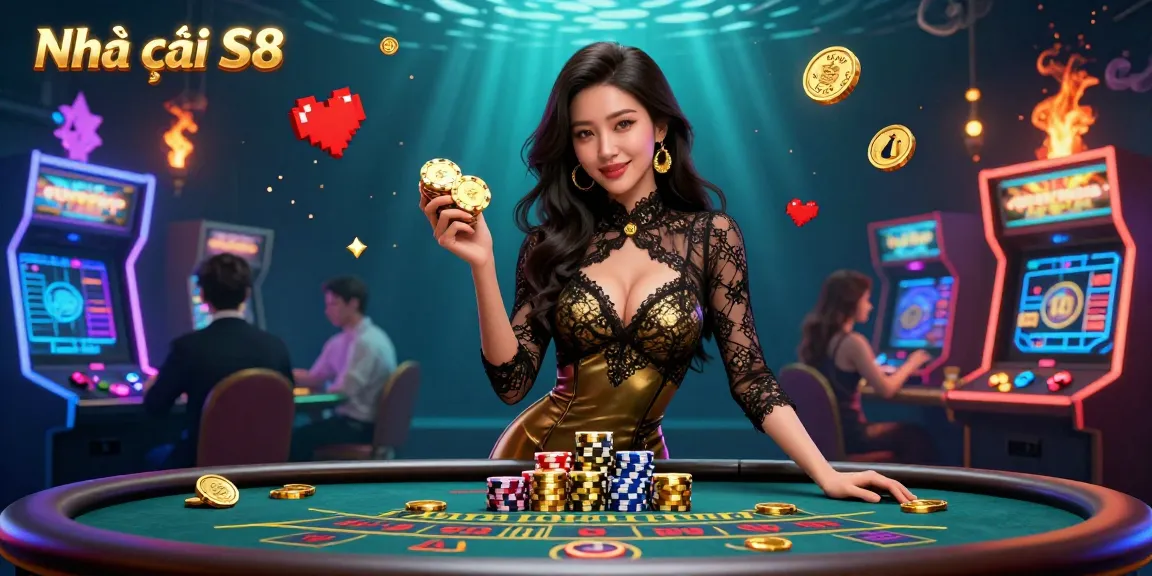 Engage with Nhà cái S8 at a high-stakes baccarat table, surrounded by immersive gaming elements in a lavish digital illustration.