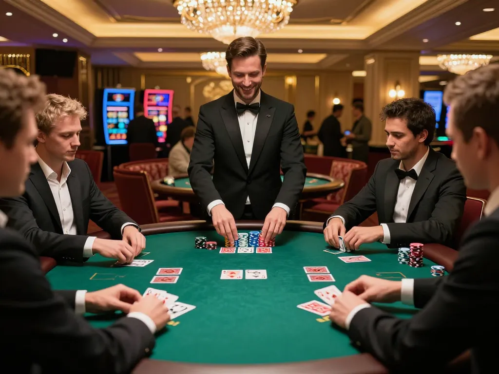 Engaged players at a blackjack table at https://sc88.casino/ showcasing intense gameplay with professional dealer in upscale casino.