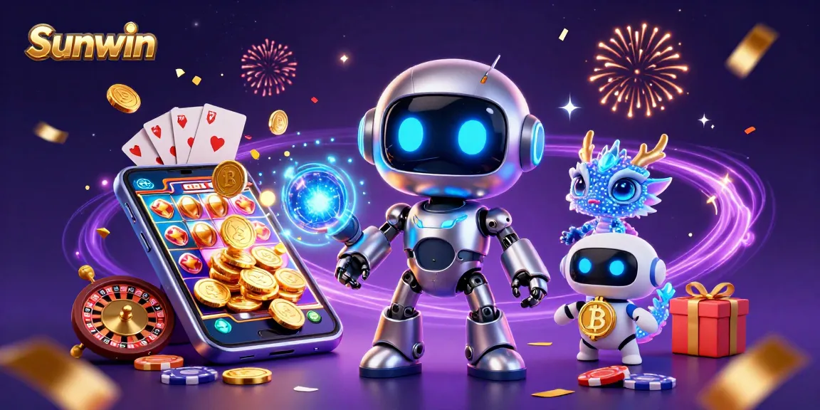 Sunwin showcases a thrilling gaming spectacle with vibrant casino elements and cyberpunk characters.