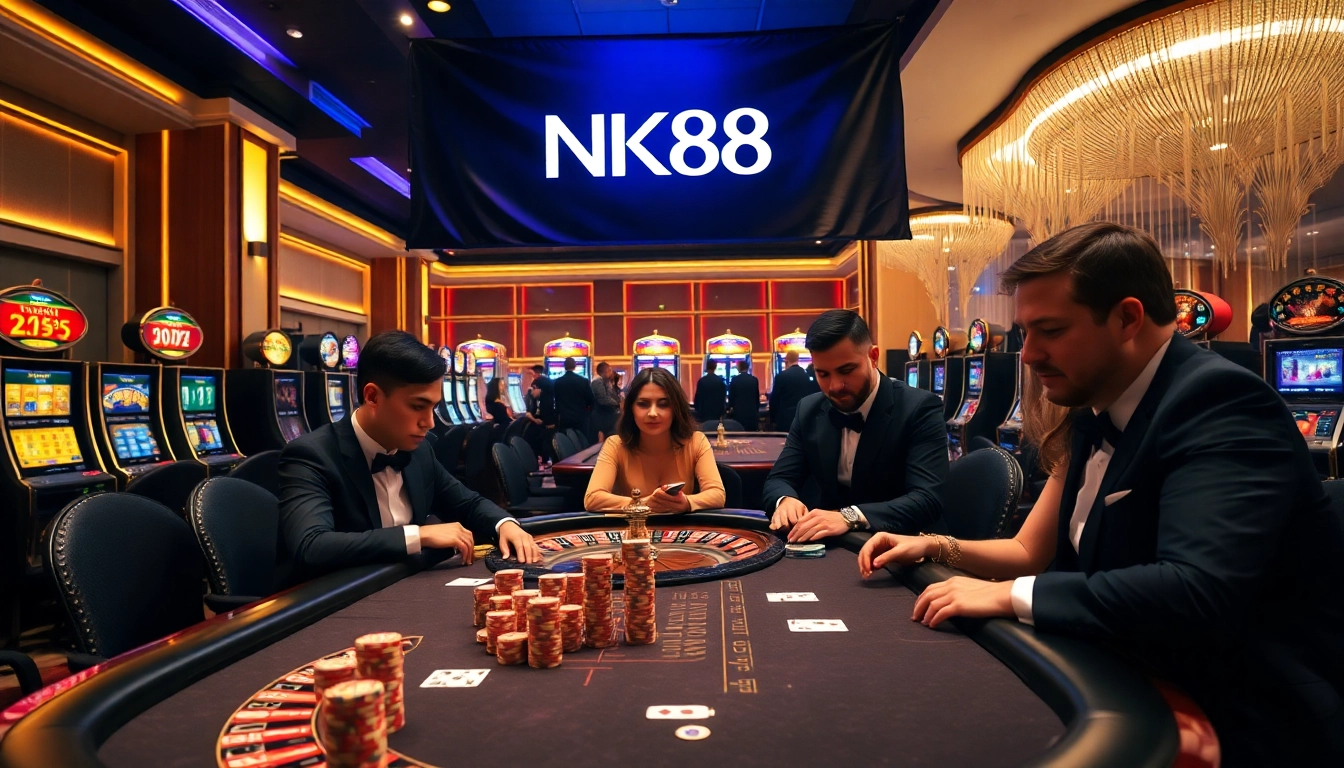 Experience the excitement of gambling at NK88's luxurious casino environment with high-stakes poker and vibrant slot machines.