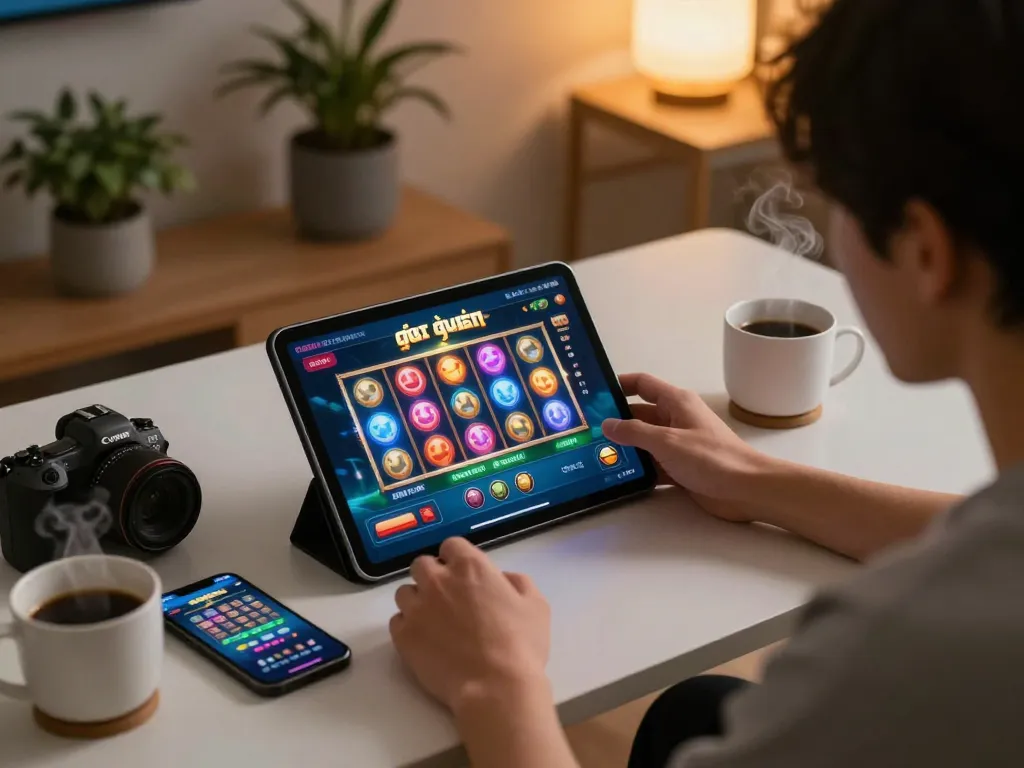 Engaging in thrilling game đổi thưởng on a tablet during a cozy home gaming session
