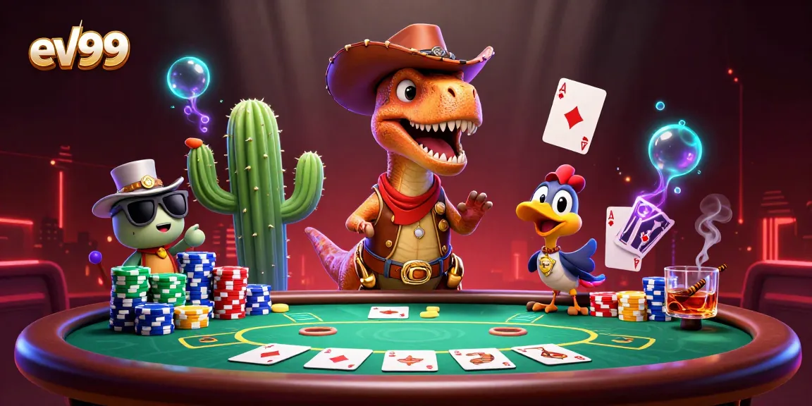 ev99 poker showdown with a cowboy T-Rex, poker chips, and vibrant casino elements.