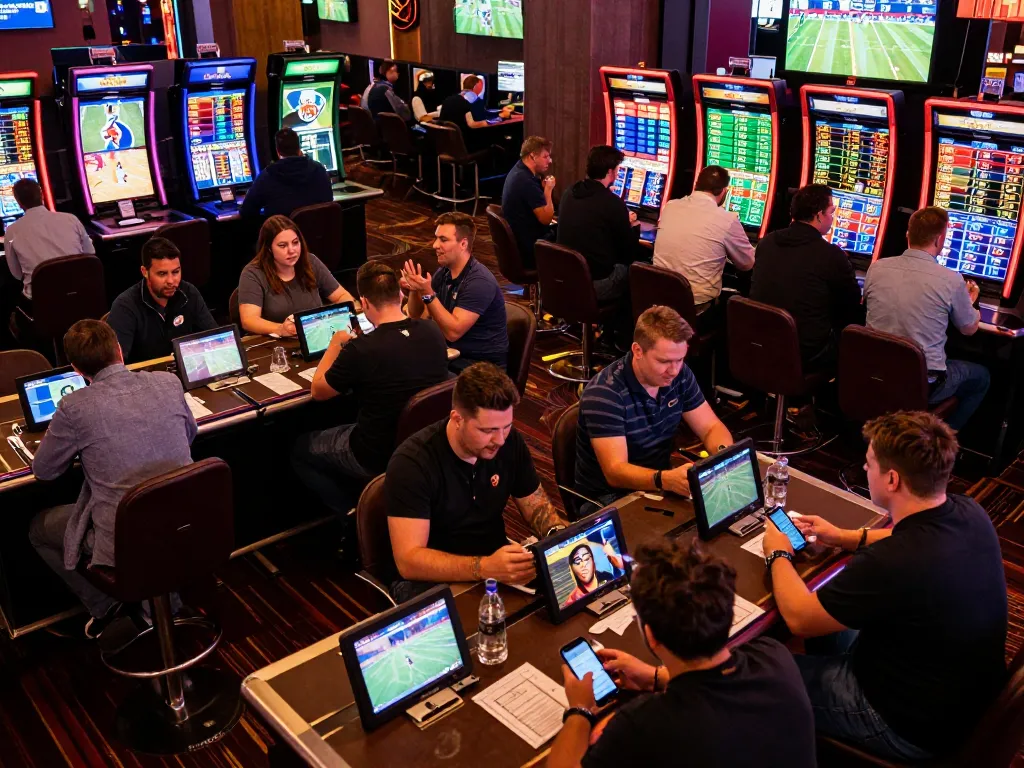 Kèo nhà cái displayed in a lively sports betting atmosphere with engaged bettors at a casino.