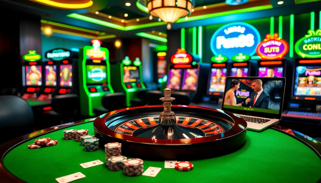 Experience the excitement of Fun88 with vibrant casino elements and a professional gambling setup.