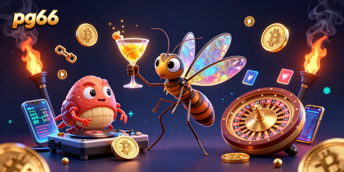 Experience pg66 excitement as a 3D mosquito casino mascot joins a trilobite DJ and golden roulette wheel.