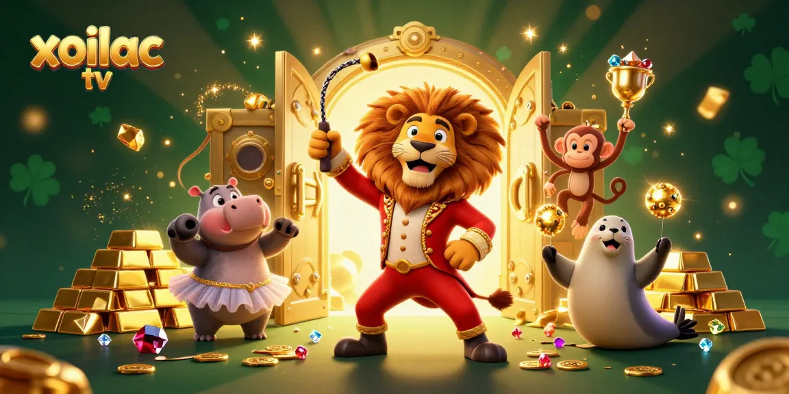 Xoilac TV showcases an exciting live betting atmosphere with lion ringmaster and playful characters.