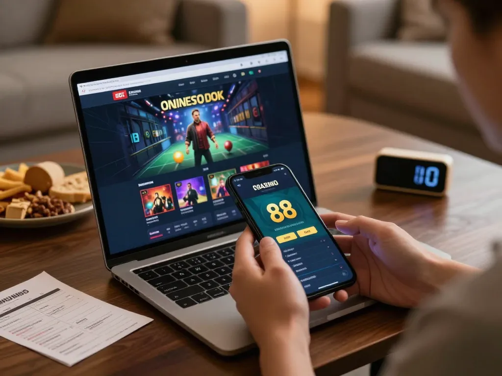 Player engaging with the sc 88 app on smartphone and laptop, emphasizing strategic online betting.