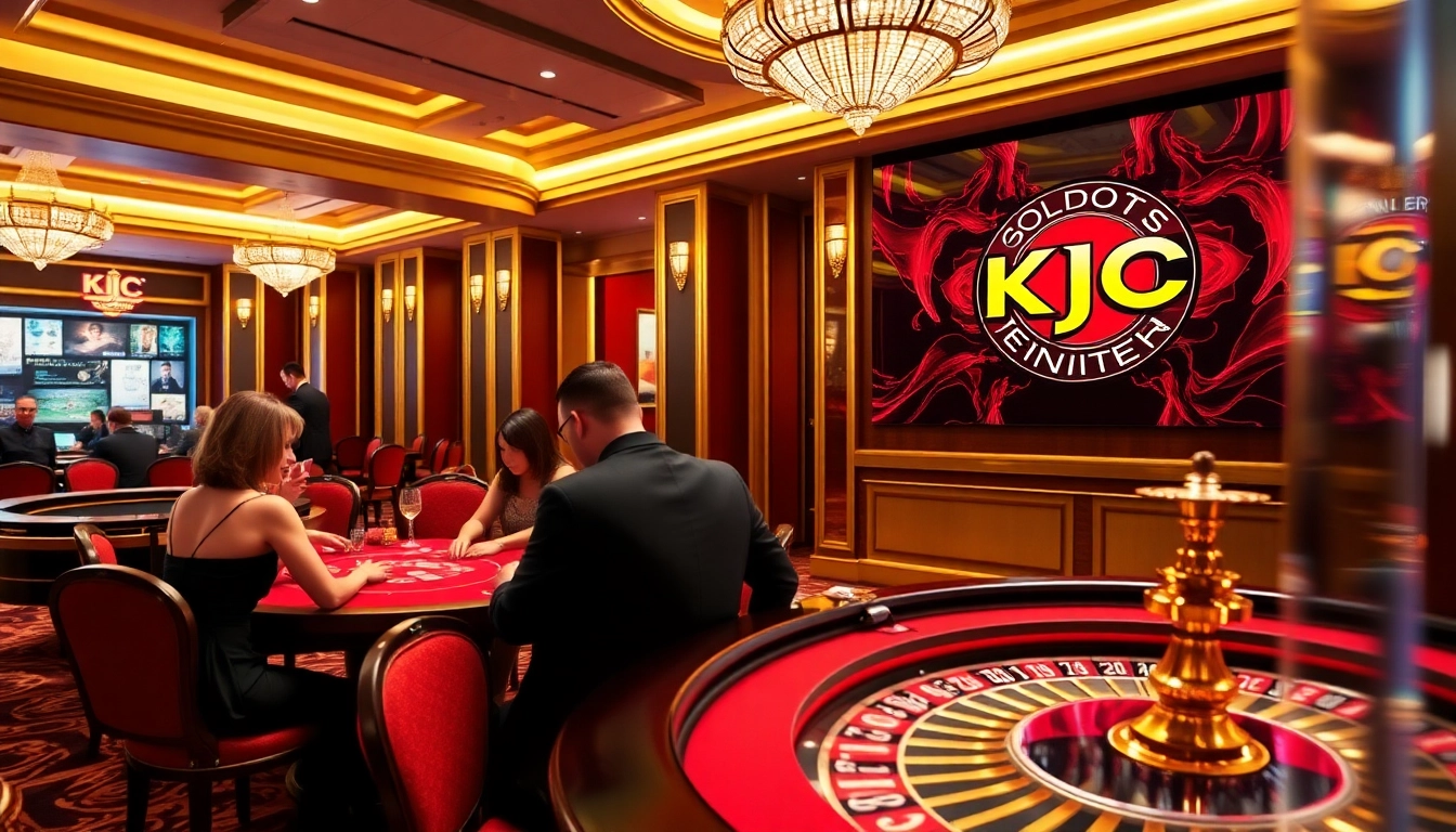 KJC players strategizing at a luxurious poker table in a vibrant casino setting.