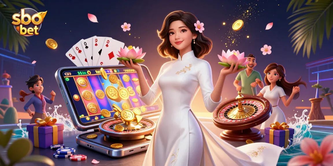 Engage in thrilling sbo bet with vibrant 3D illustration of a traditional Vietnamese woman amidst casino elements.