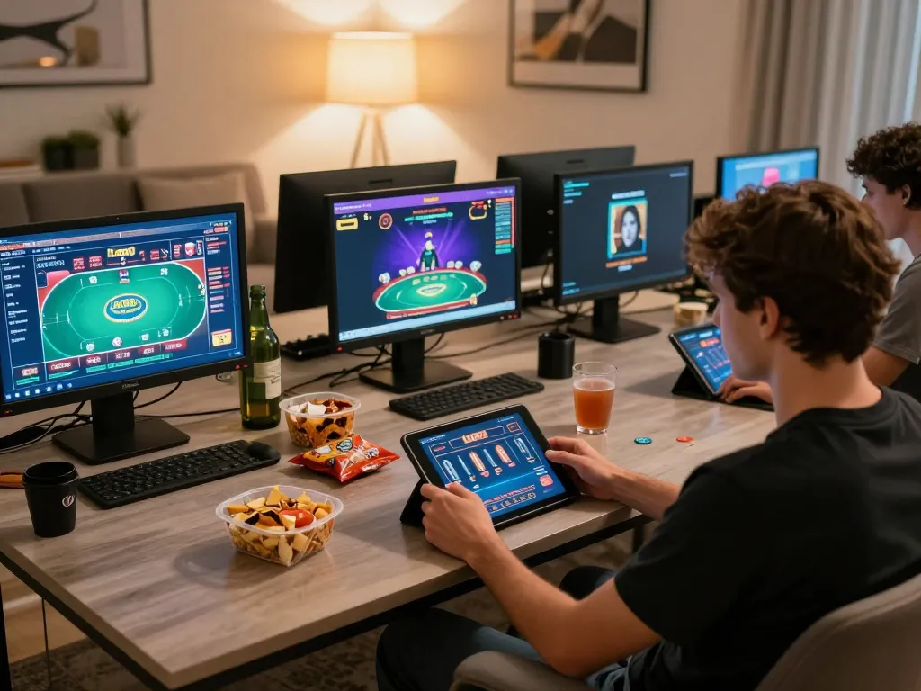 Engaging online poker game on luck8 displayed on tablet, cozy gaming atmosphere in stylish home.