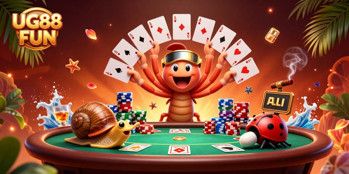 Engage in thrilling gameplay with UG88 FUN at an exciting poker table featuring animated characters.