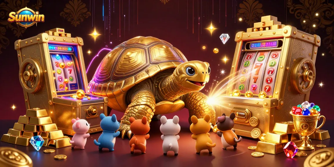Play exciting games at Sunwin with 3D tortoise pinball, gems, and treasures in a vibrant casino scene.
