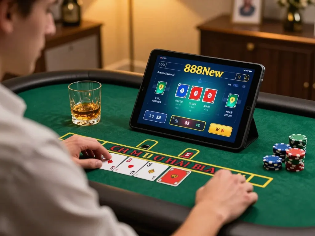 Engaging in a blackjack game on 888New platform during a cozy home evening.