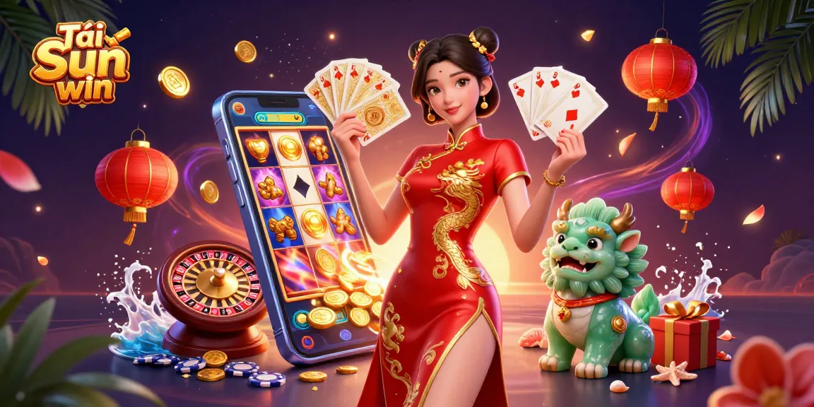 A beautiful illustration showcasing the vibrant Tải Sun win gaming experience with slots, cards, and a lucky charm.