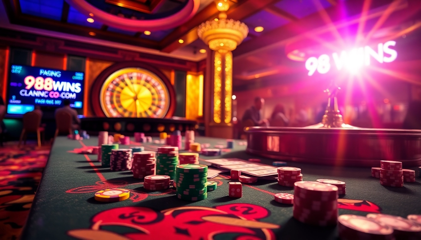 Experience thrilling gameplay at 98WINS CO COM with vibrant casino tables and chips.