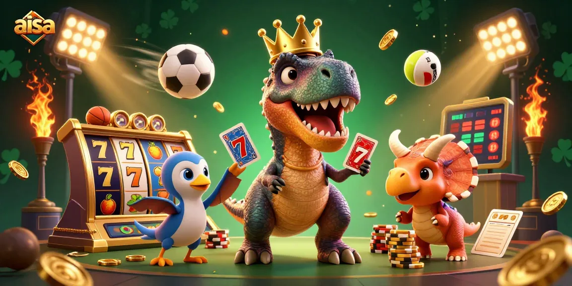 Engage with aisa's vibrant casino world as a friendly T-Rex shuffles cards surrounded by dynamic gaming elements.