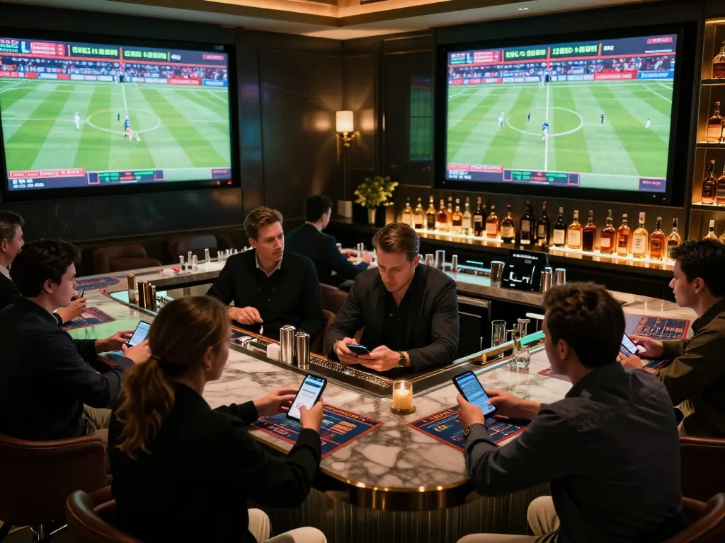 Exciting atmosphere showcasing 789WIN sports betting lounge with fans placing wagers on live events.