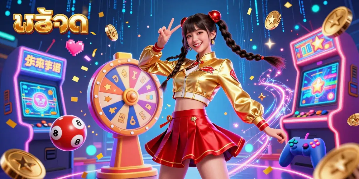 Engage with the excitement of สล็อต in a vibrant casino-themed scene featuring 3D characters, lottery balls, and confetti.