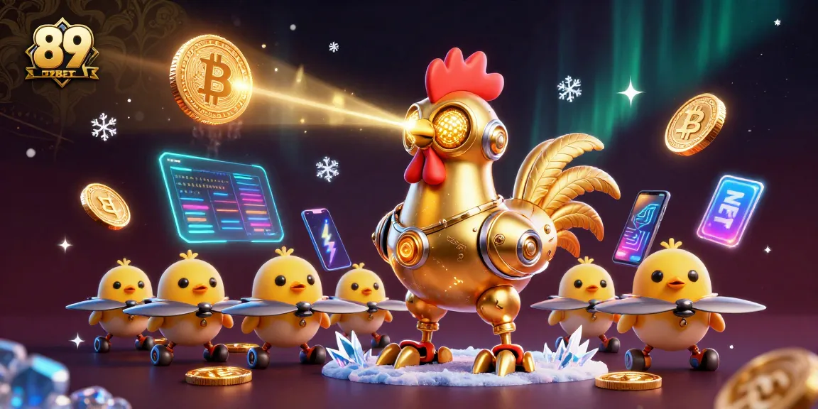 89BET showcases thrilling 3D casino action with a golden rooster robot and baby chick drones.