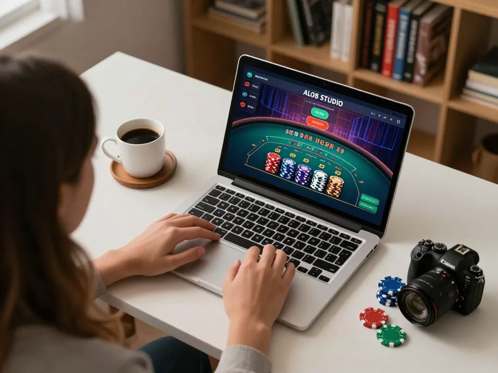 Person engaging with ALO8 STUDIO online blackjack game, highlighting modern gambling experience.