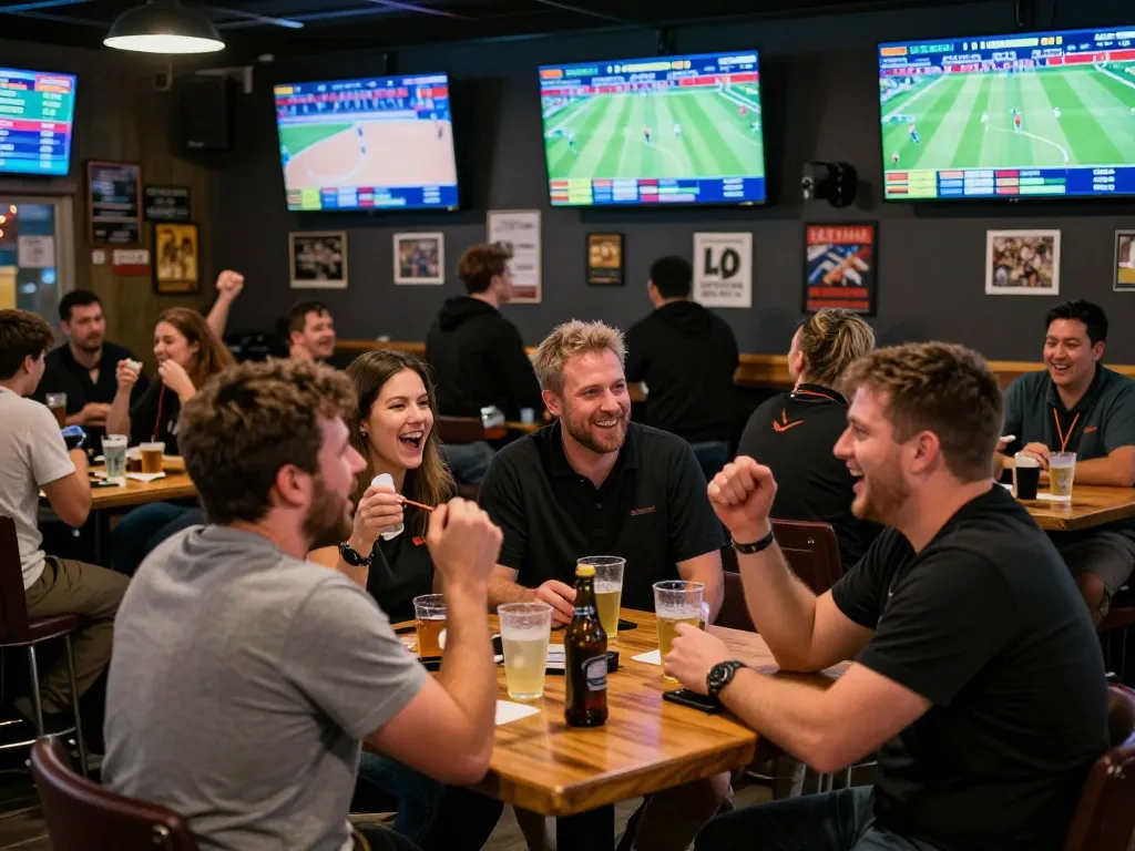 Engaging sports betting scene at a modern venue featuring vebo tv screens showcasing live games and excited patrons.