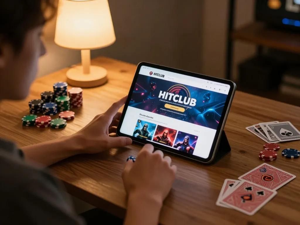Engaging with the HITCLUB web on a tablet while managing gaming strategy in a cozy environment.