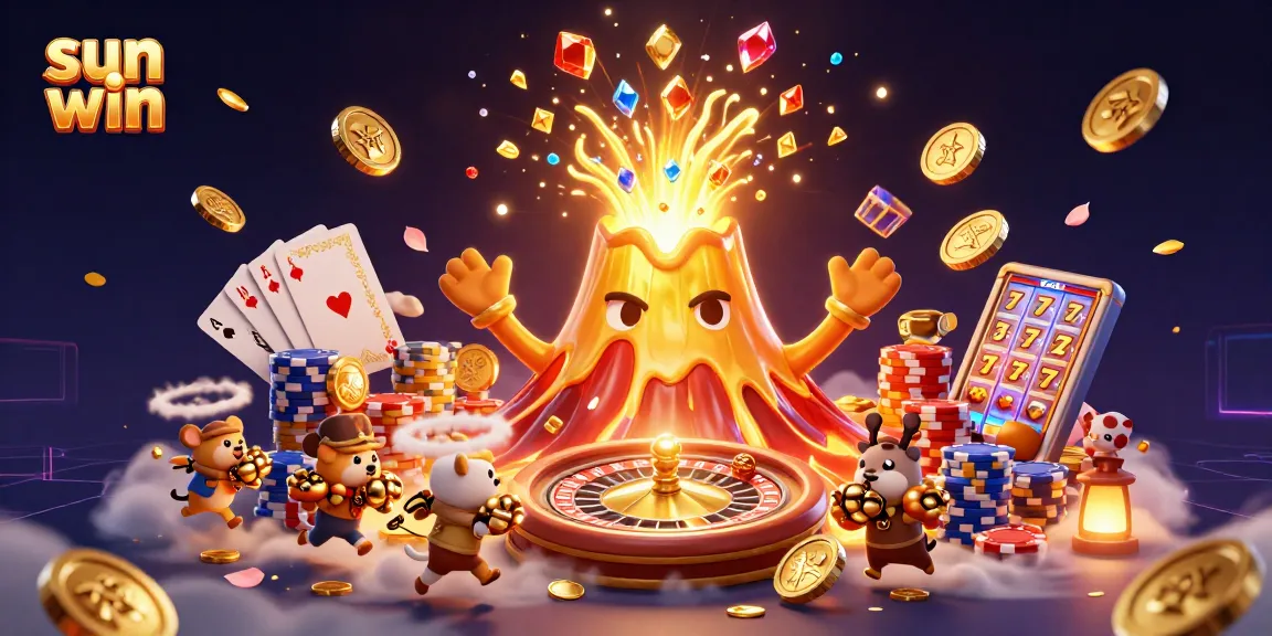 Win big with sun win as the golden volcano erupts coins and gems in this vibrant casino illustration.