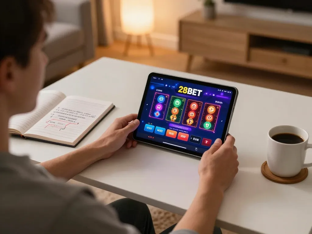 Engaging in responsible online gambling with link vào 28BET showcased on the tablet during a cozy home gaming session