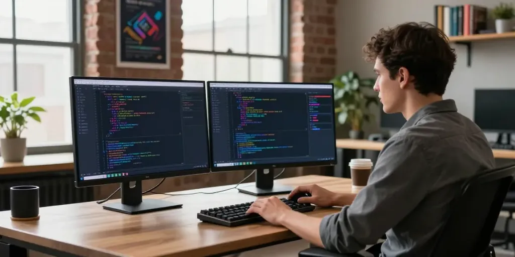 Developer coding in a modern office setup, showcasing instant indexing tools.