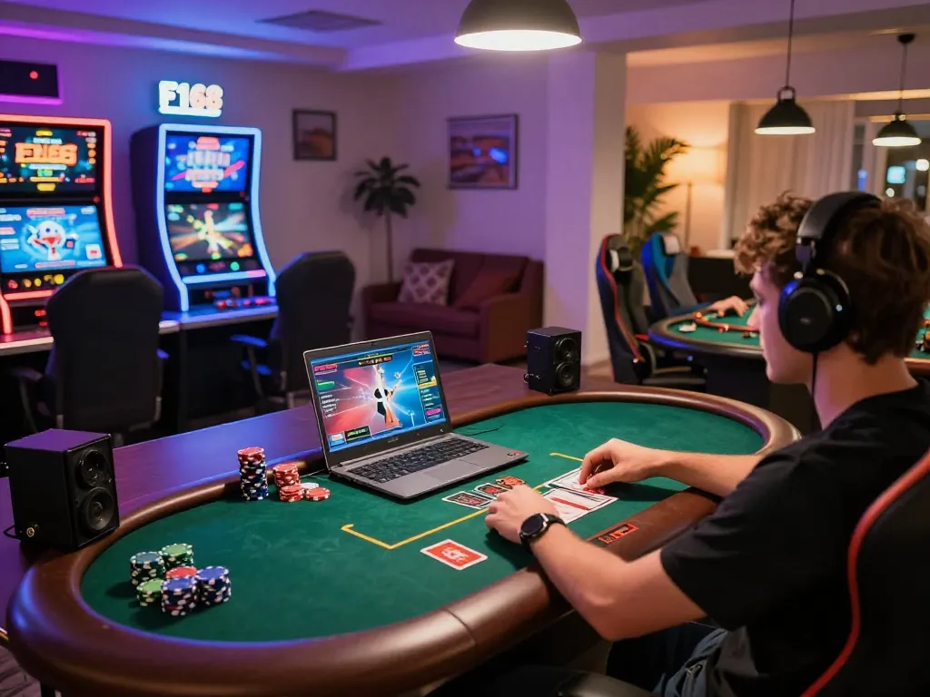 Player enjoying thrilling F168 live dealer game on a laptop in a vibrant gaming setup