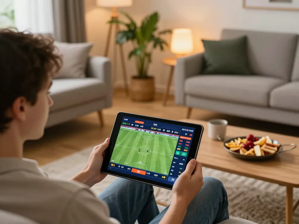 Engaged user analyzing keonhacai odds for live sports betting on tablet in cozy home
