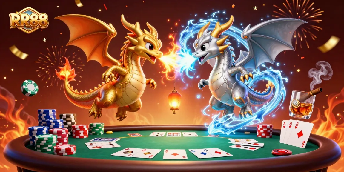 Experience thrilling games at RR88 with dragons and poker action in a vibrant casino scene.