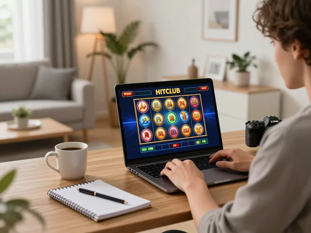 Enjoying an online gaming session on hitclub with vibrant slots and strategic notes.