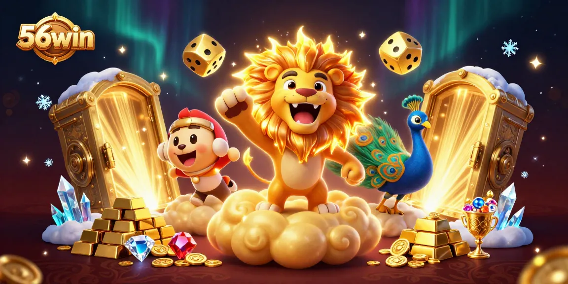 Join the excitement at 56win with a majestic lion, golden treasures, and thrilling gaming elements.