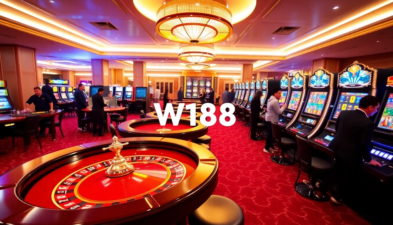 Players enjoying high-stakes poker at W188's luxurious casino, showcasing excitement and elegance.