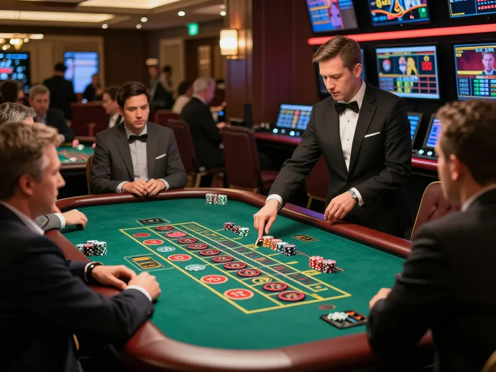 Nha cai 9bet players engaging with a live dealer as the roulette wheel spins in an elegant casino environment.