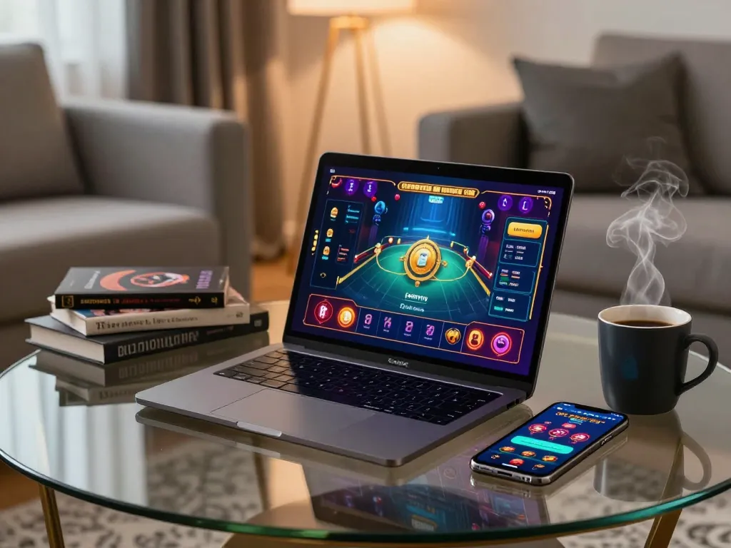 Engaging online gaming setup at https://s666hn.com/, showcasing a laptop, smartphone app, and strategic notes.