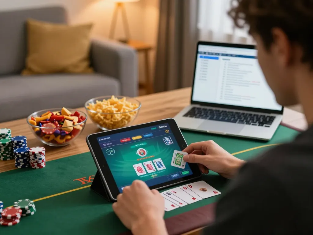 Player immersed in online poker with sunwin app on tablet, home atmosphere featuring strategy notes and snacks.