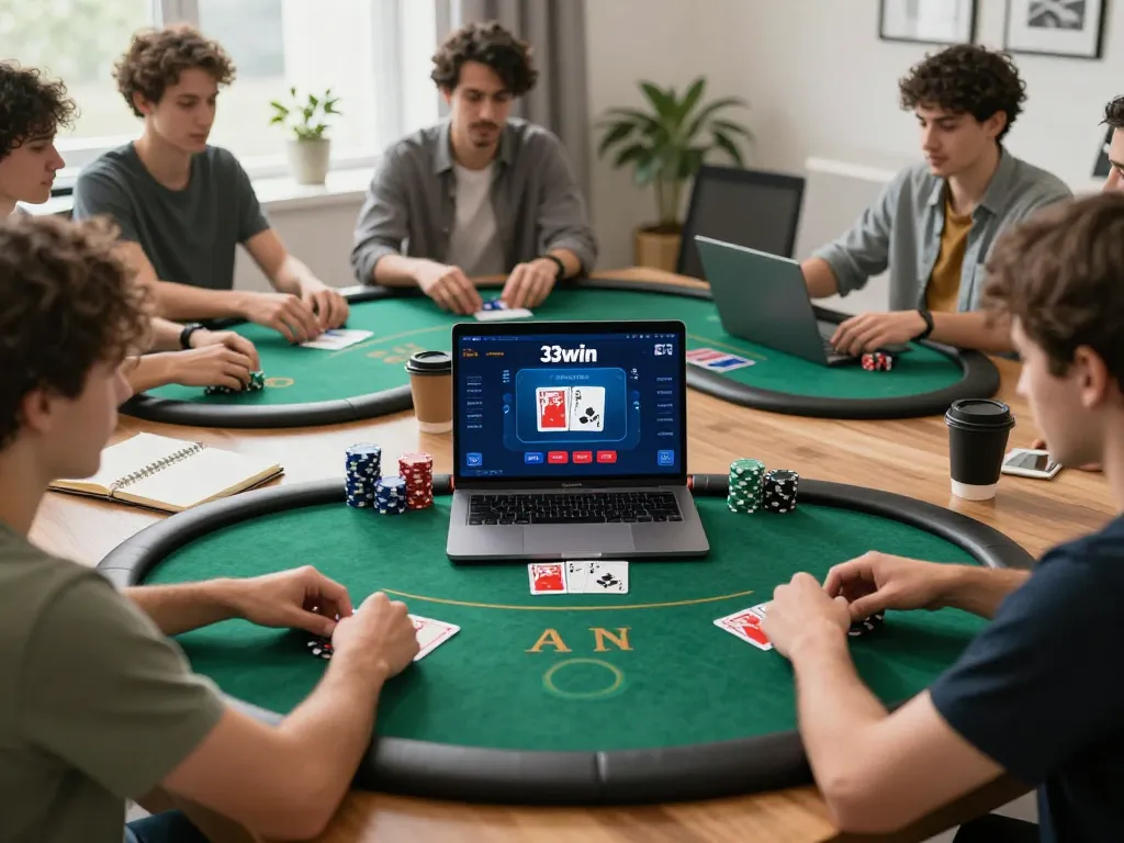 Players engaging in online poker on 33win, showcasing vibrant gaming atmosphere and strategy