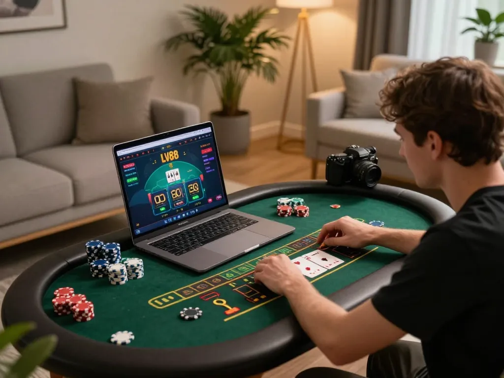 Player engaging with LV88 casino online, showcasing a modern gaming setup with chips and cards.