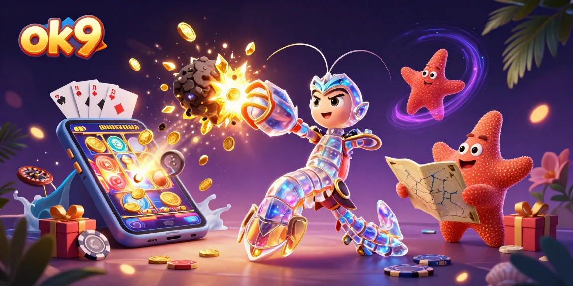 Engage in exciting gameplay at ok 9 as a mantis shrimp battles for gold coins amidst vibrant casino elements.