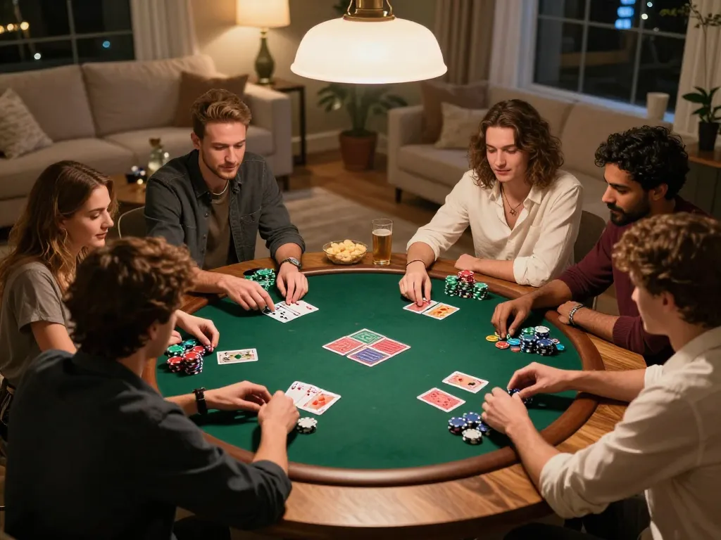 Sunwin players enjoying a lively poker game with chips and cards at a cozy home setting.