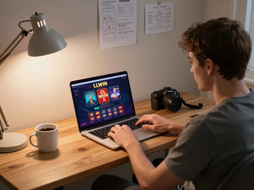 Engaging with LLWIN's online casino from a cozy home office, emphasizing strategic gameplay.