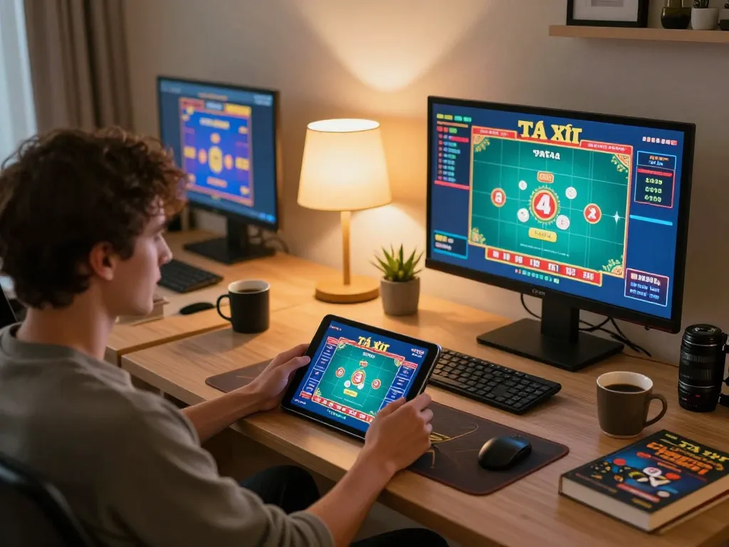 Engaging player enjoying Tài Xỉu game on tablet in cozy home office setting