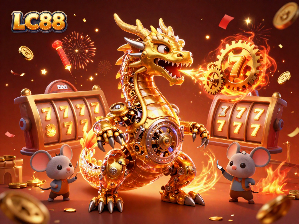 LC88 offers thrilling gameplay opportunities featuring a dragon, slot reels, and golden coins.