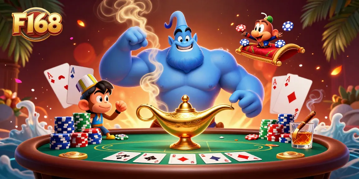 Join the excitement at F168 with vibrant casino elements showcasing poker action and magical characters.