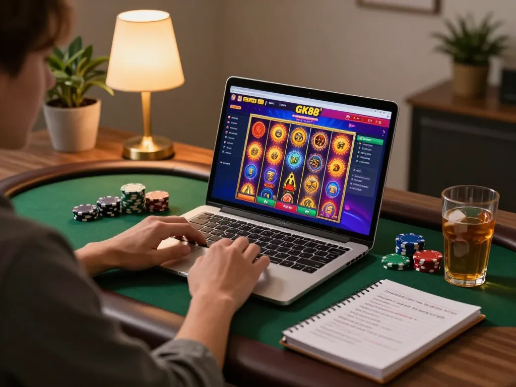 Player engages with GK88's online slots in a cozy home setup, showcasing vibrant gameplay and strategic gaming notes.