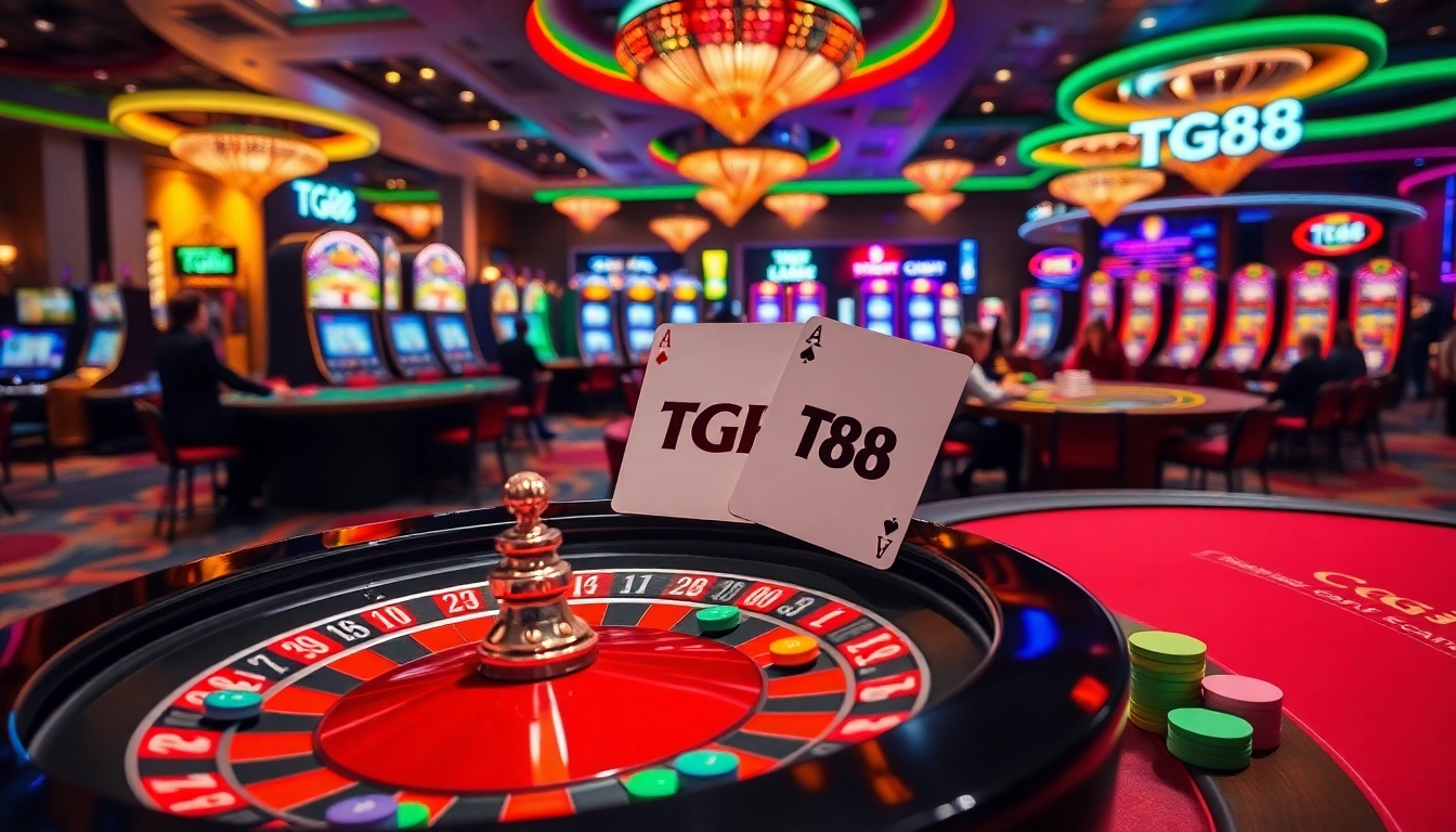TG88 casino scene with a vibrant roulette wheel and engaged players at poker tables.