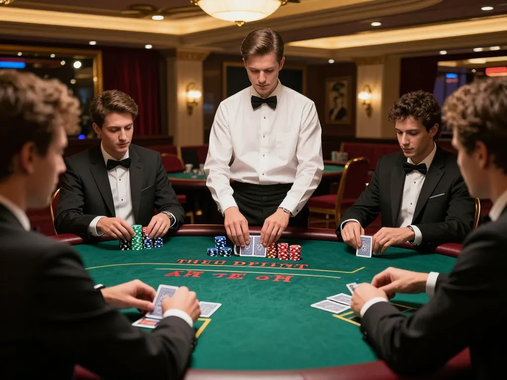 Experience the thrill of blackjack as players strategize with their chips at a luxurious casino table.