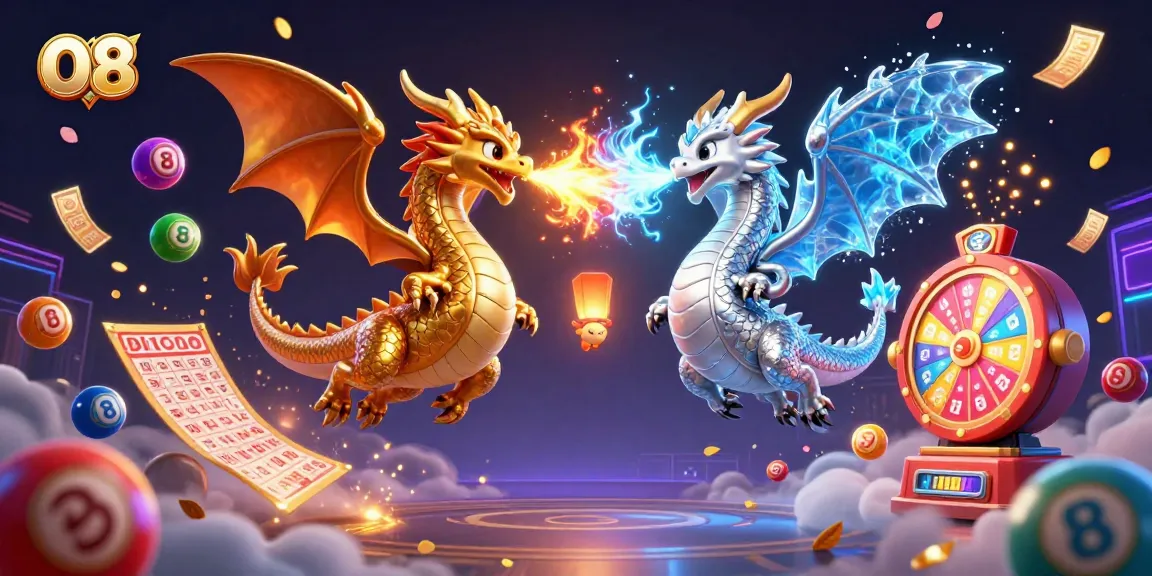 Experience O8's dynamic gaming with vibrant lottery elements and 3D dragons in a cinematic scene.